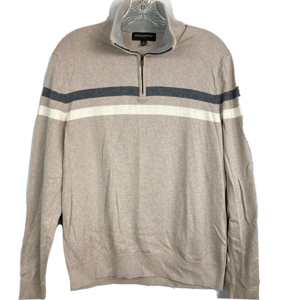 Banana Republic Sweater Mens Sz‎ M Beige Blue Cashmere Silk Striped Zip Pullover